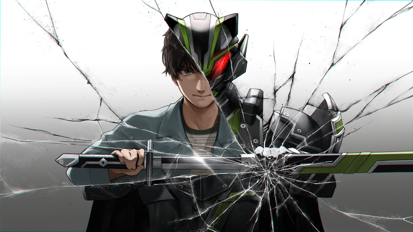 1boy animal_ears armor black_armor black_bodysuit black_hair blue_eyes blue_jacket bodysuit crack cracked_glass dark_persona glowing glowing_eyes highres holding holding_sword holding_weapon jacket kamen_rider kamen_rider_geats_(series) kamen_rider_tycoon kamen_rider_tycoon_bujinsword katana male_focus osusime17 power_armor raccoon_ears red_eyes red_visor sakurai_keiwa sheath shirt short_hair shoulder_armor split_theme striped_clothes striped_shirt sword tokusatsu unsheathing upper_body weapon