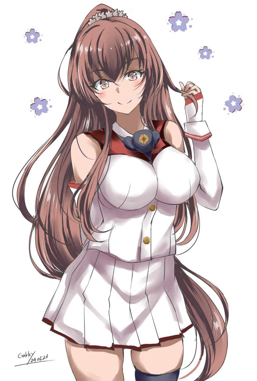 1girl black_thighhighs brown_eyes brown_hair collar cowboy_shot detached_sleeves gakky highres holding holding_own_hair kantai_collection long_hair metal_collar one-hour_drawing_challenge pleated_skirt ponytail shirt simple_background single_thighhigh skirt solo thigh-highs white_background white_shirt white_skirt yamato_(kancolle) yamato_kai_ni_(kancolle)