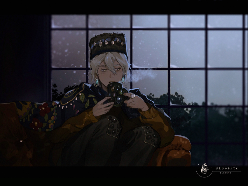 1boy artist_name black_border black_hat black_pants blonde_hair border brown_eyes bush cold cowboy_shot cup earrings hair_between_eyes hat highres holding holding_cup illumi999 indoors jewelry light_blush light_particles looking_down male_focus night on_bench original pants ring sidelocks sitting solo window