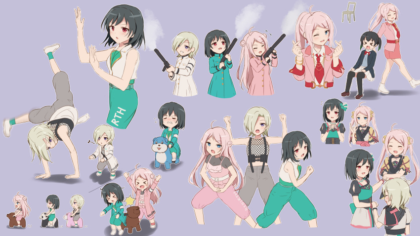 &gt;_&lt; 4girls absurdres ahoge bar_censor black_hair blazer blonde_hair blue_eyes censored closed_eyes coat_dress collared_jacket commentary_request covered_eyes d: double_bun dress dx fang finger_heart fishnet_top fishnets green_dress green_pants grey_pants group_name hair_bun hair_over_one_eye handstand heart highres holding jacket long_hair love_live! love_live!_nijigasaki_high_school_idol_club mia_taylor mifune_shioriko mole mole_under_eye multiple_girls multiple_views one_eye_covered open_mouth pants pinafore_dress pink_dress pink_hair pink_jacket ponytail purple_background r3birth_(love_live!) red_eyes riding ryouran!_victory_road_(love_live!) shadow short_hair sidelocks simple_background skin_fang sleeveless sleeveless_dress sleeveless_jacket sparkle strapless suspenders swept_bangs takasaki_yu textless_version trembling tube_top vest violet_eyes vroom_vroom_(love_live!) white_dress white_jacket white_tube_top white_vest yutuki_ame zhong_lanzhu