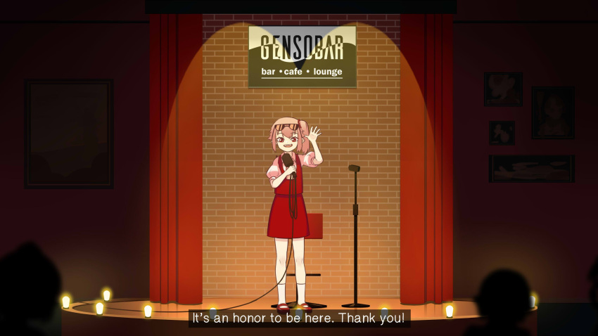 1girl ascot bar_(place) bar_stool blonde_hair brick_wall collared_shirt commentary english_text eyewear_on_head flandre_scarlet goodbye highres holding holding_microphone mary_janes microphone one_side_up pointy_ears puffy_short_sleeves puffy_sleeves red_curtains red_footwear red_skirt red_vest shirt shoes short_hair short_sleeves silhouette skirt socks stage standing stool symbol-only_commentary touhou vest waving white_shirt white_socks wings yellow_ascot yoruny