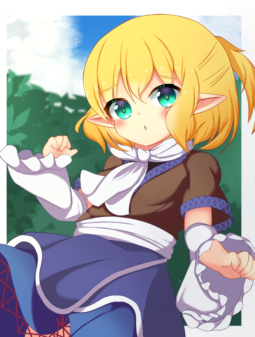 1girl arm_warmers blonde_hair blue_skirt blue_sky blush breasts brown_shirt bush clenched_hand clouds commentary_request cowboy_shot green_eyes half_updo highres koruk700 looking_at_viewer medium_bangs mizuhashi_parsee open_mouth parsee_day pointy_ears sash scarf shirt short_hair short_ponytail short_sleeves skirt sky small_breasts solo touhou white_sash white_scarf