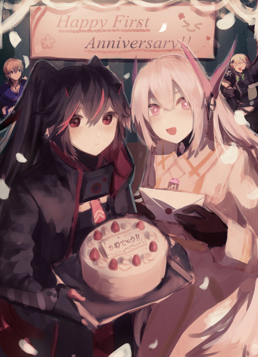 2girls 3boys absurdres anniversary black_gloves black_hair black_hood black_hoodie black_horns black_jacket blonde_hair blue_hoodie cake camu_(punishing:_gray_raven) character_request check_character closed_eyes dog_tags dress food gloves gold_trim gown grey_hair hair_between_eyes headphones highres holding holding_letter hood hoodie horns jacket jewelry kamui_(punishing:_gray_raven) lee:_entropy_(punishing:_gray_raven) lee_(punishing:_gray_raven) letter light_brown_hair liv:_eclipse_(punishing:_gray_raven) liv_(punishing:_gray_raven) long_hair lucia:_plume_(punishing:_gray_raven) lucia_(punishing:_gray_raven) mechanical_arms multicolored_hair multiple_boys multiple_girls necktie open_mouth pendant pink_dress pink_eyes punishing:_gray_raven red_eyes red_jacket red_necktie redhead sidelocks single_horn siniwabi small_horns strawberry_cake streaked_hair twintails two-sided_fabric two-sided_hoodie two-sided_jacket