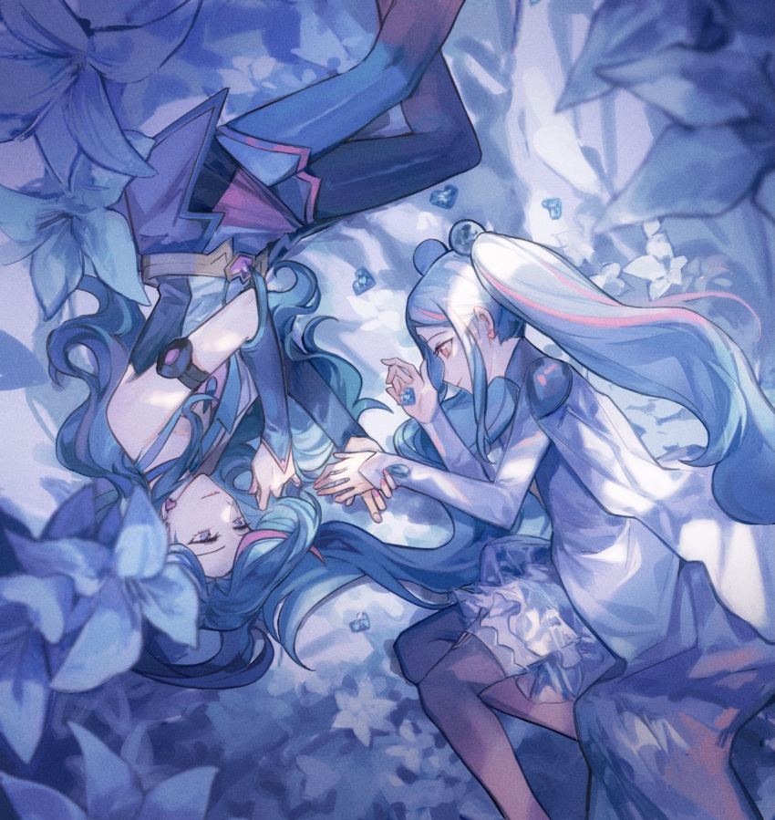 2girls aqua_(yu-gi-oh!_vrains) armlet bad_id bad_lofter_id belt belt_buckle black_thighhighs blue_dress blue_eyes blue_flower blue_hair blue_leggings blue_maiden blue_theme bubble_skirt buckle cape crystal dangle_earrings detached_sleeves dress earrings flower hair_ornament hands_up heart heart_earrings high_collar highres holding_hands jewelry leggings light_smile long_hair long_sleeves looking_at_another lying multicolored_hair multiple_girls naoki_(2rzmcaizerails6) on_side orb personification pink_hair rotational_symmetry skirt sleeveless sleeveless_dress streaked_hair teardrop_facial_mark thigh-highs twintails very_long_hair white_cape yellow_eyes yu-gi-oh! yu-gi-oh!_vrains zaizen_aoi