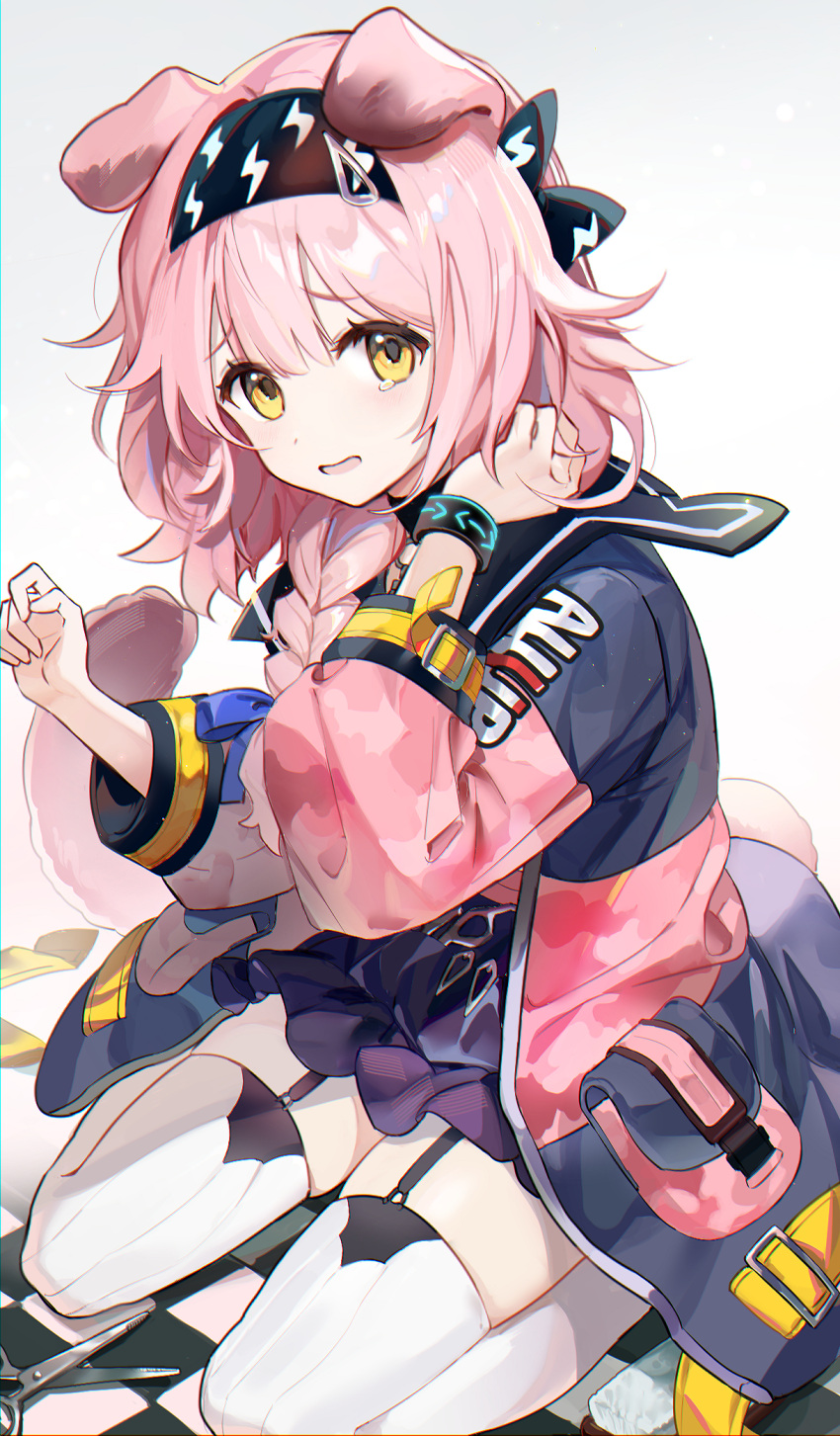 1girl animal_ears arknights black_jacket black_wristband blush braid cat_ears cat_girl cat_tail garter_straps goldenglow_(arknights) hair_ornament hairclip highres jacket kneeling long_sleeves looking_at_viewer open_mouth pink_hair solo tail tears thigh-highs white_thighhighs xing_(gloryxing) yellow_eyes