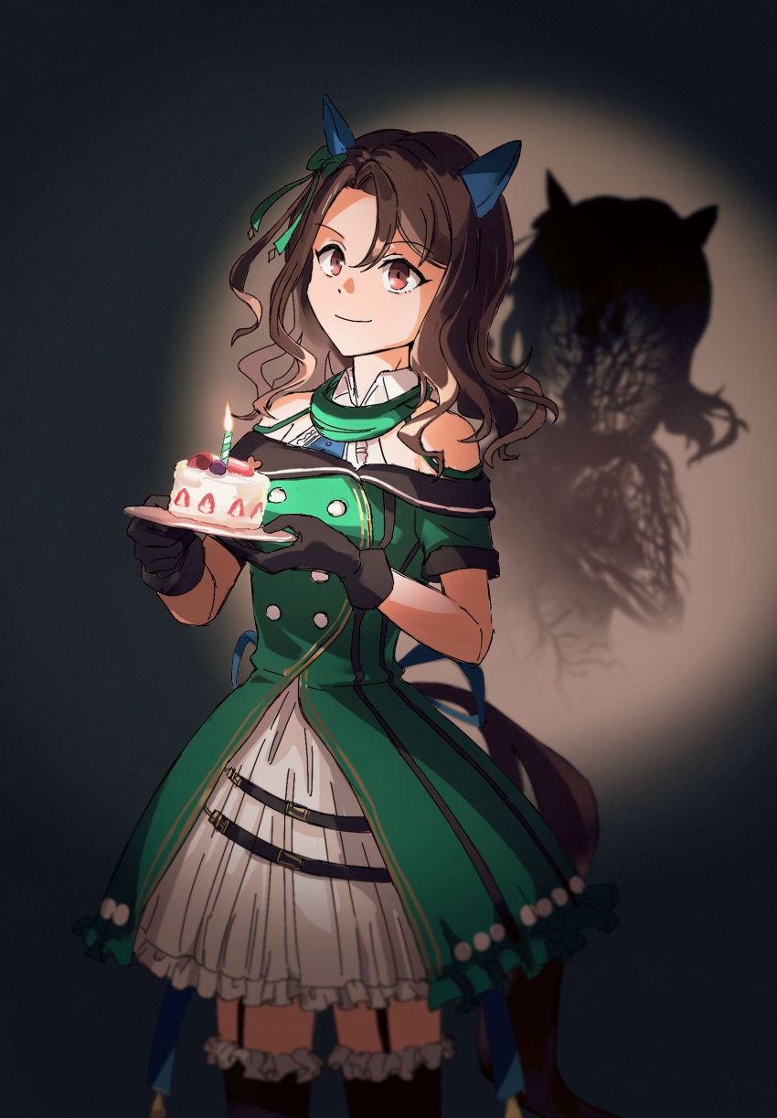 1girl animal_ears birthday_cake black_gloves black_thighhighs brown_hair cake candle cowboy_shot dress ear_covers food frilled_dress frilled_thighhighs frills garter_straps gloves green_dress happy_birthday highres holding holding_plate horse_ears horse_girl horse_tail king_halo_(umamusume) medium_hair plate ppiyong_(vveveet) red_eyes shadow smile solo spotlight sunglasses tail thigh-highs umamusume veins x-ray