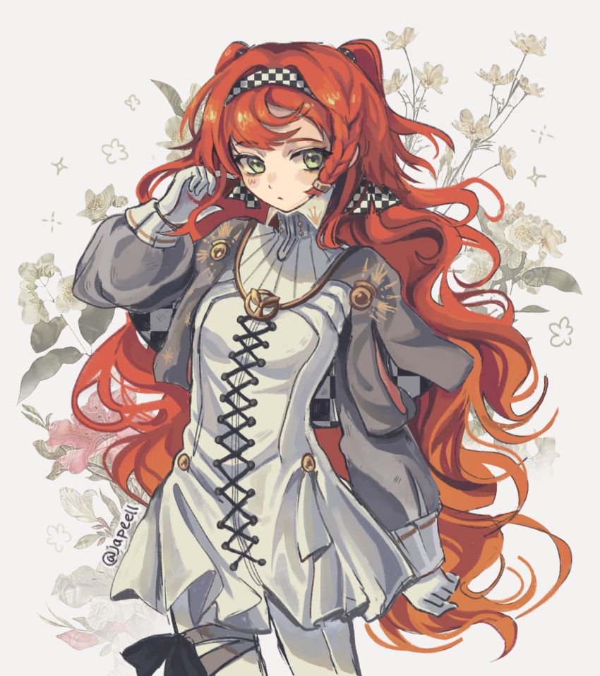 1girl artist_name black_bow bow braided_sidelock breasts checkered_hairband cowboy_shot dot_mouth dress facing_viewer floral_background flower gloves green_eyes grey_cloak grey_sleeves hand_in_own_hair hand_up high_collar highres japeell long_hair long_sleeves looking_to_the_side orange_hair pants pants_under_dress reverse:1999 short_dress solo sonetto_(reverse:1999) straight-on thigh_bow two_side_up very_long_hair white_background white_dress white_gloves