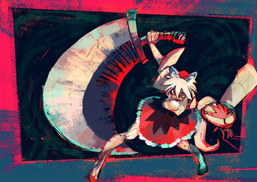 1girl animal_ears arm_up black_skirt colorful frilled_skirt frills hat highres holding holding_shield holding_sword holding_weapon huge_weapon inubashiri_momiji leaf_print legs_apart looking_at_viewer maple_leaf_print pom_pom_(clothes) rectangle red_hat red_skirt sharp_teeth shield shirt skirt solo spiky_hair sword tail teeth tokin_hat touhou two-tone_skirt wakarai113 weapon white_hair white_shirt wide_sleeves wolf_ears wolf_girl wolf_tail