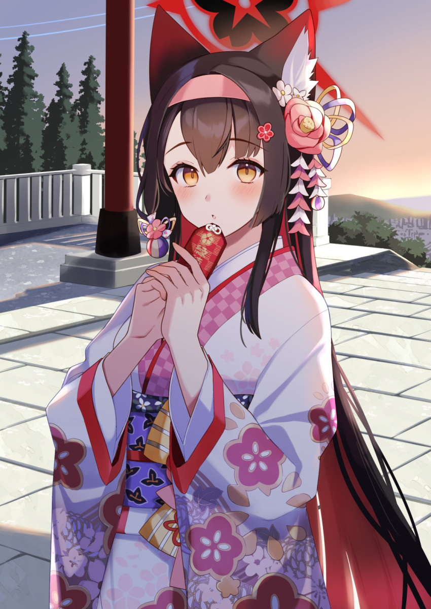 1girl animal_ear_fluff animal_ears black_hair blue_archive colored_inner_hair floral_print flower fox_ears fox_girl hair_flower hair_ornament halo hands_up highres holding ichinomiya_(blantte) japanese_clothes kimono long_hair long_sleeves looking_at_viewer multicolored_clothes multicolored_hair multicolored_kimono outdoors print_kimono red_halo solo very_long_hair wakamo_(blue_archive) white_kimono yellow_eyes