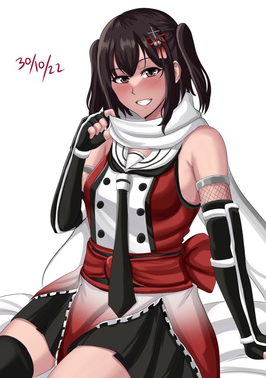 1girl 2022 :d absurdres adjusting_scarf arm_at_side armpit_crease bare_shoulders black_gloves black_neckerchief black_skirt blush brown_hair commentary_request cowboy_shot dated dated_commentary drie elbow_gloves fingerless_gloves gloves grin hair_between_eyes hand_up highres kantai_collection looking_at_viewer miniskirt neckerchief pleated_skirt red_shirt sailor_collar scarf school_uniform sendai_(kancolle) sendai_kai_ni_(kancolle) serafuku shirt simple_background sitting skirt sleeveless sleeveless_shirt smile solo tsurime two_side_up white_background white_sailor_collar white_scarf