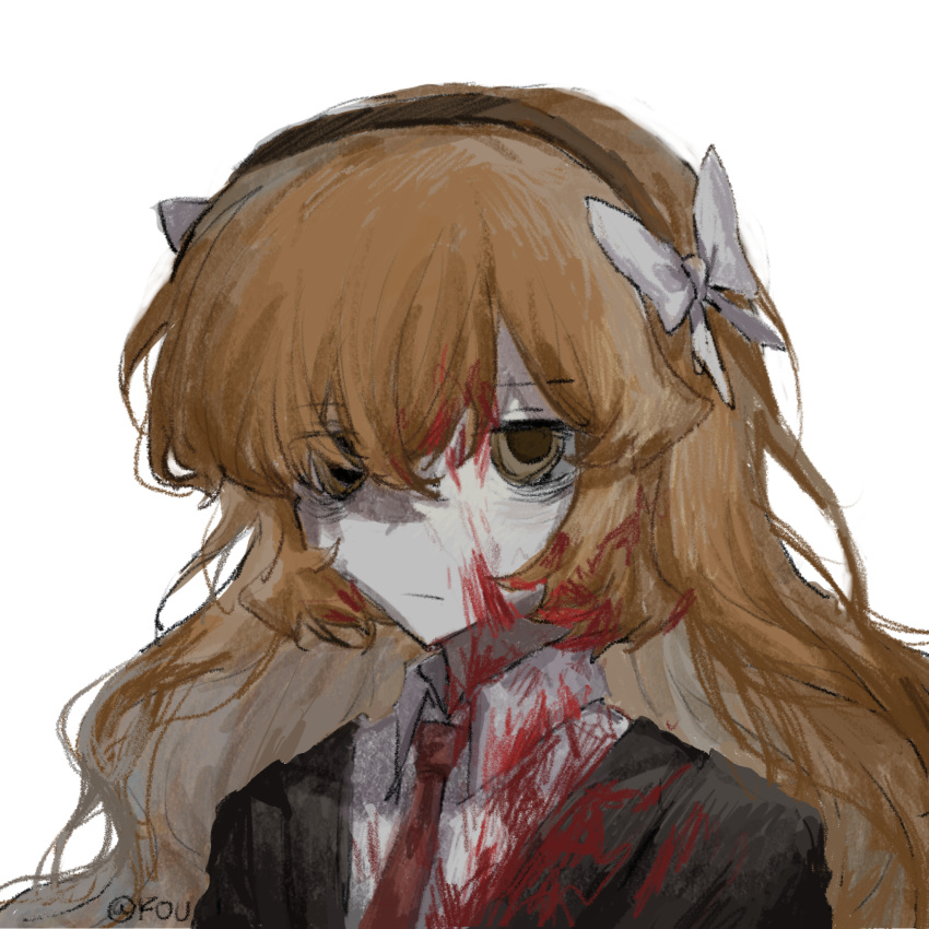 1girl black_jacket blood blood_in_hair blood_on_clothes blood_on_face bow brown_hairband collared_shirt expressionless hair_bow hairband highres ishmael_(project_moon) jacket limbus_company long_hair looking_at_viewer necktie orange_eyes orange_hair portrait project_moon red_necktie shirt shui_fou sidelocks simple_background solo very_long_hair white_background white_bow white_shirt