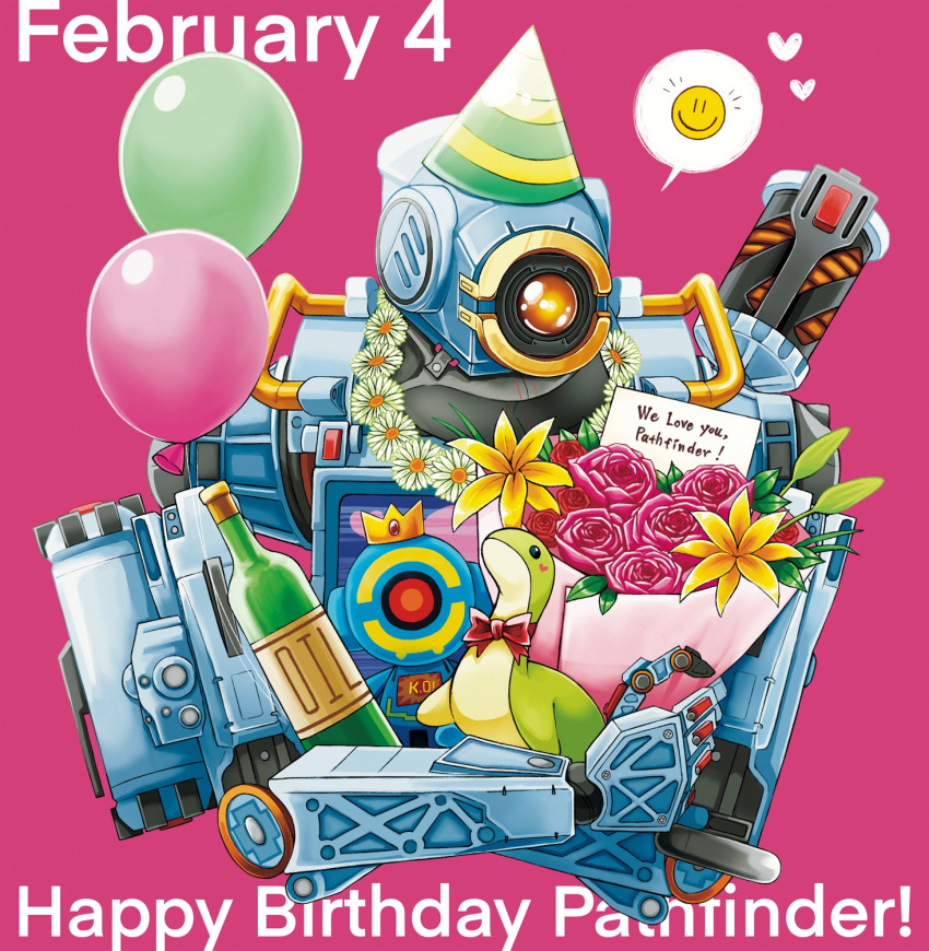1boy apex_legends arino_zarame balloon bottle bouquet bow character_name flower flower_necklace happy_birthday heart highres holding holding_bouquet holding_stuffed_toy humanoid_robot nessie_(respawn) one-eyed orange_eyes pathfinder_(apex_legends) pink_background red_bow robot speech_bubble stuffed_toy yellow_flower