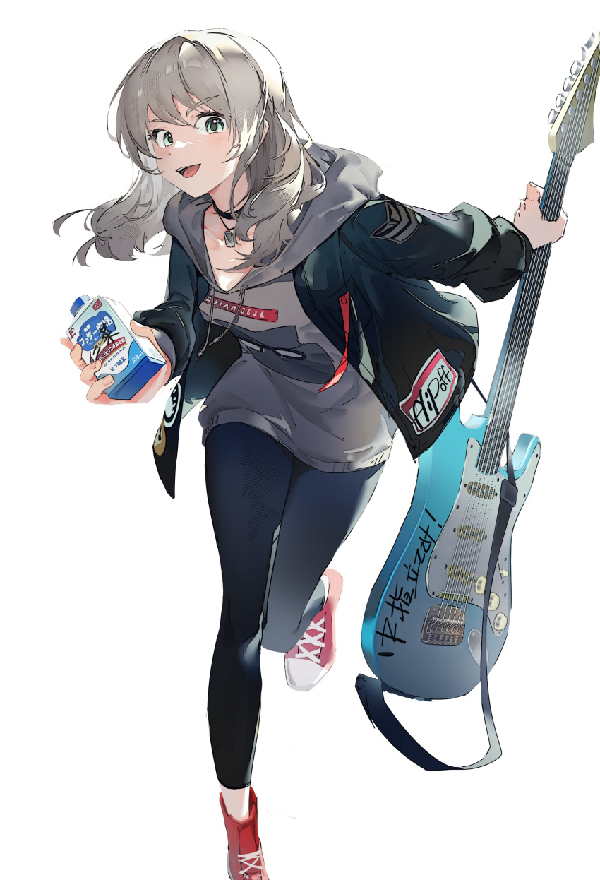 1girl absurdres black_choker black_jacket black_pants blue_eyes chang_zhao_xiao_quan choker commentary drawstring electric_guitar girls_band_cry grey_hair grey_hoodie guitar hashtag-only_commentary highres holding holding_guitar holding_instrument hood hoodie instrument jacket jewelry kawaragi_momoka long_hair looking_at_viewer milk_carton necklace open_clothes open_jacket open_mouth pants red_footwear shoes simple_background smile sneakers solo tongue white_background