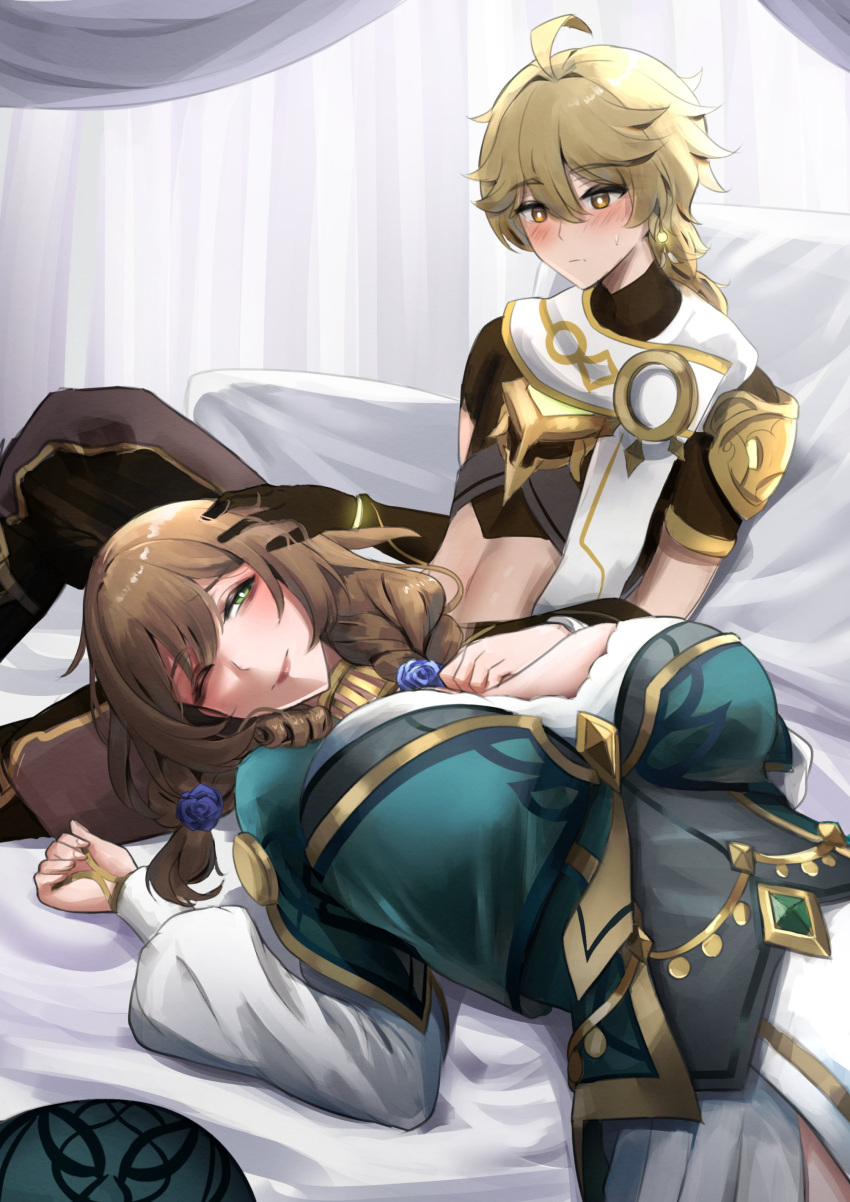 1boy 1girl absurdres aether_(genshin_impact) ahoge bed blonde_hair blush braid braided_ponytail breasts brown_hair cleavage_cutout clothing_cutout double-parted_bangs embarrassed english_commentary flower genshin_impact green_eyes hair_between_eyes hair_flower hair_ornament hans-kun highres lap_pillow large_breasts lisa_(a_sobriquet_under_shade)_(genshin_impact) lisa_(genshin_impact) on_bed one_eye_closed ponytail smile yellow_eyes