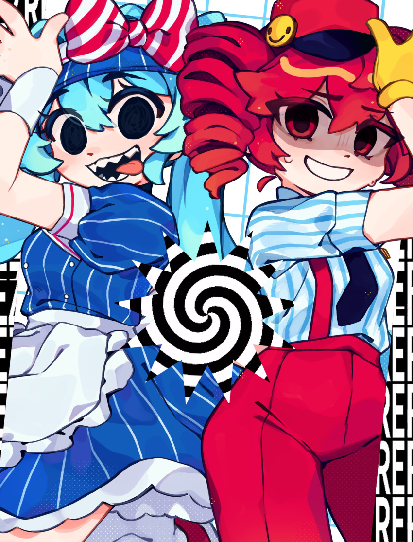 2girls :3 absurdres apron black_eyes black_necktie blue_dress blue_hair blue_shirt bow closed_mouth crazy dress drill_hair empty_eyes english_commentary false_smile gloves hatsune_miku highres kasane_teto light_blue_hair long_hair looking_at_viewer medium_hair mesmerizer_(vocaloid) momoiiroo multiple_girls necktie open_mouth pants pink_eyes pink_hair pinstripe_dress pinstripe_hat pinstripe_pattern red_bow scared shaded_face sharp_teeth shirt smile spiral striped_bow striped_clothes striped_shirt suspenders sweat teeth text_background tongue tongue_out tridecagram twin_drills utau visor_cap vocaloid waist_apron white_apron white_bow white_shirt white_wrist_cuffs wrist_cuffs yellow_gloves