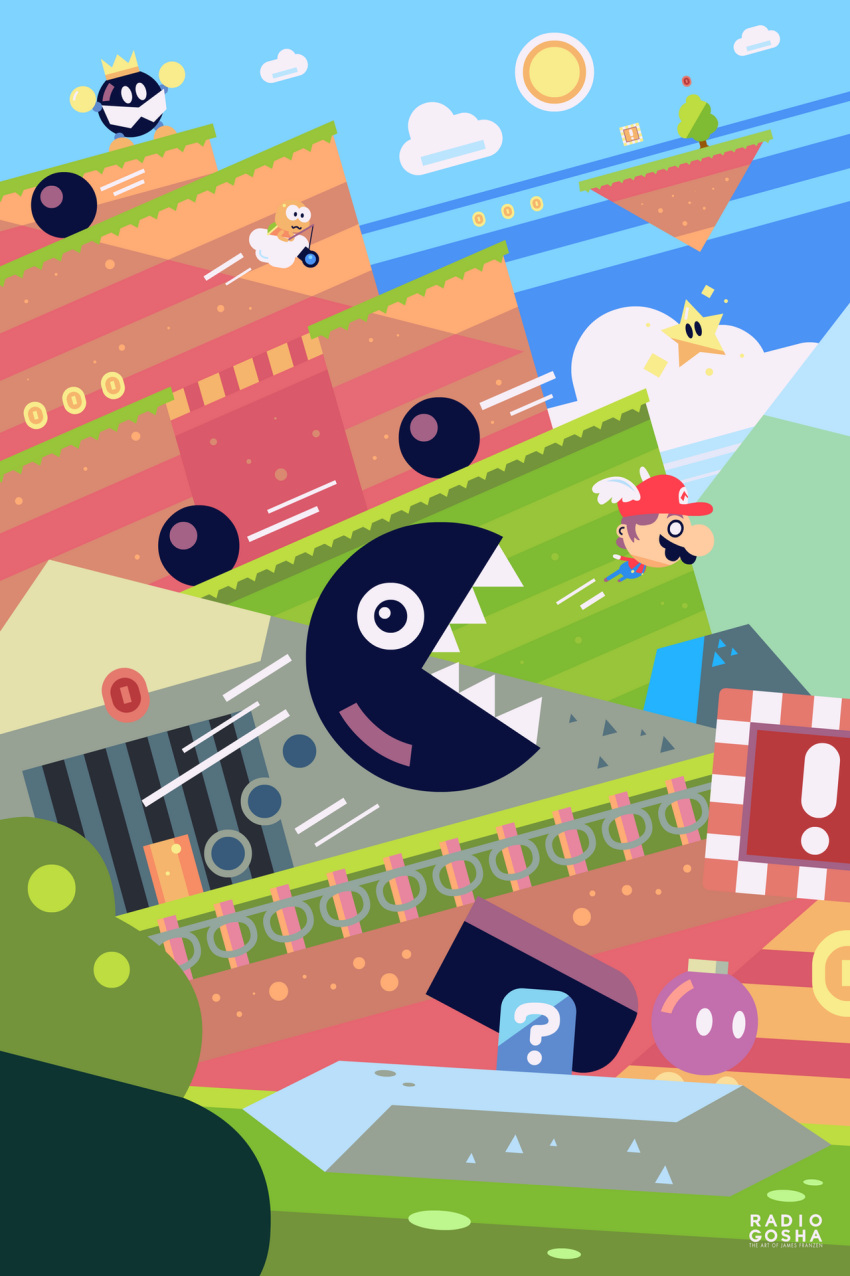 1boy artist_name bob-omb_battlefield bob-omb_buddy brown_hair chain_chomp clouds coin english_commentary floating_island flying hat highres james_franzen king_bob-omb lakitu male_focus mario motion_lines o_o red_coin sun super_mario_64 super_mario_bros. super_star_(mario) winged_hat