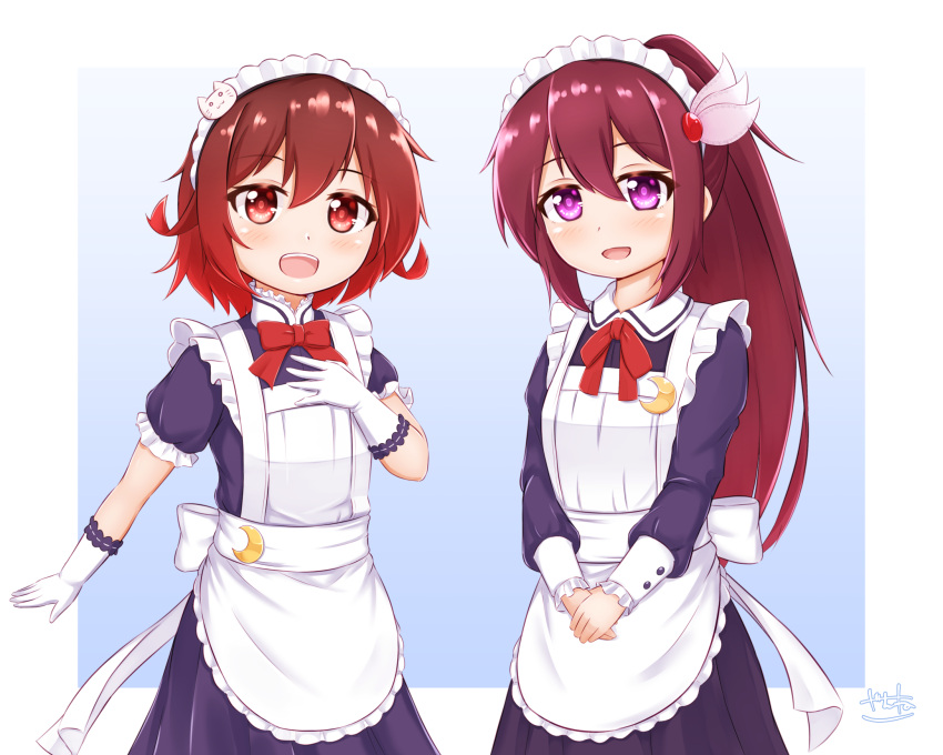 2girls alternate_costume alternate_hairstyle apron blue_background blue_dress bow bowtie brown_hair crescent crescent_pin dress enmaided frilled_apron frills gloves gradient_background gradient_hair highres kantai_collection kisaragi_(kancolle) long_hair long_sleeves maid maid_headdress multicolored_hair multiple_girls mutsuki_(kancolle) ponytail red_bow red_bowtie red_eyes red_ribbon redhead ribbon short_hair violet_eyes white_apron white_background white_gloves zanne