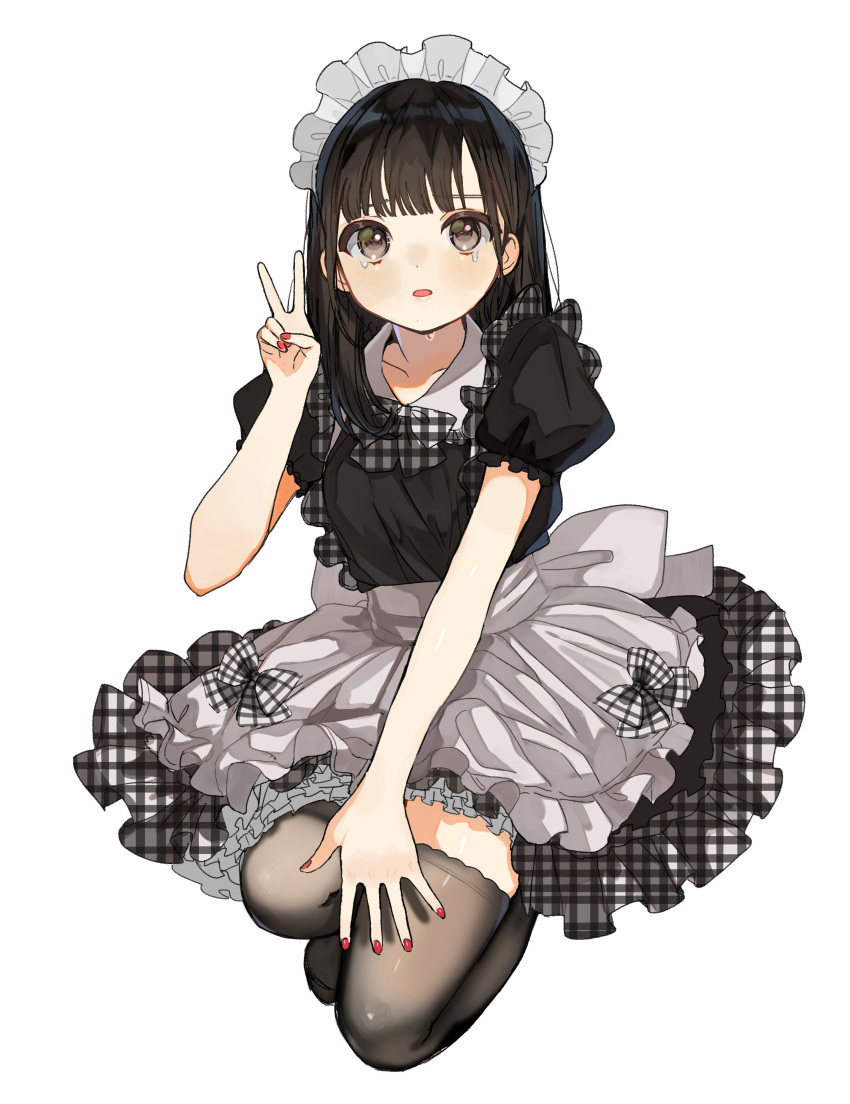 1girl absurdres apron black_dress blunt_bangs blush bow breasts brown_eyes brown_hair brown_thighhighs collarbone dress frilled_apron frilled_dress frills full_body hand_up highres kneeling long_hair looking_at_viewer maid maid_headdress maple_(abc2215) nail_polish original parted_lips plaid plaid_bow plaid_dress puffy_short_sleeves puffy_sleeves red_nails short_sleeves simple_background small_breasts solo tears thigh-highs v waist_apron white_apron white_background