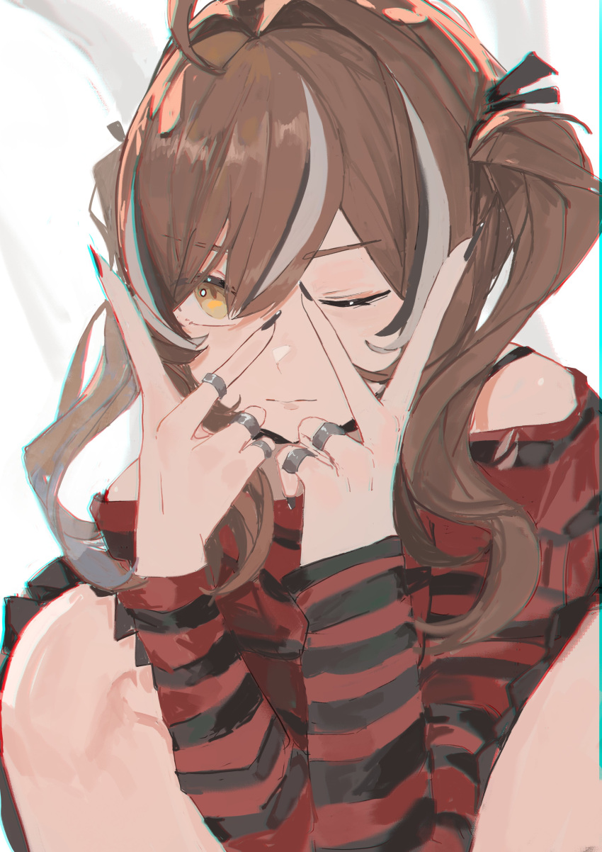 1girl absurdres ahoge black_nails black_skirt black_sweater brown_eyes brown_hair chromatic_aberration dimas_(dimas79756948) double_v emo_fashion hair_over_one_eye highres hololive hololive_english jewelry looking_at_viewer multicolored_hair multiple_rings nanashi_mumei nanashi_mumei_(emo) official_alternate_costume one_eye_closed pleated_skirt red_sweater ring skirt spaghetti_strap squatting streaked_hair striped_clothes striped_sweater sweater twintails two-tone_sweater v virtual_youtuber