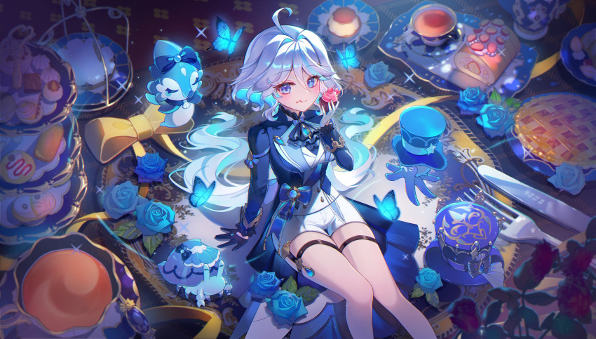 1girl absurdres aqua_eyes aqua_hair breasts cake food furina_(genshin_impact) genshin_impact gentilhomme_usher hayun highres indoors large_breasts looking_at_viewer mademoiselle_crabaletta sitting smile solo sunlight surintendante_chevalmarin tongue tongue_out white_hair