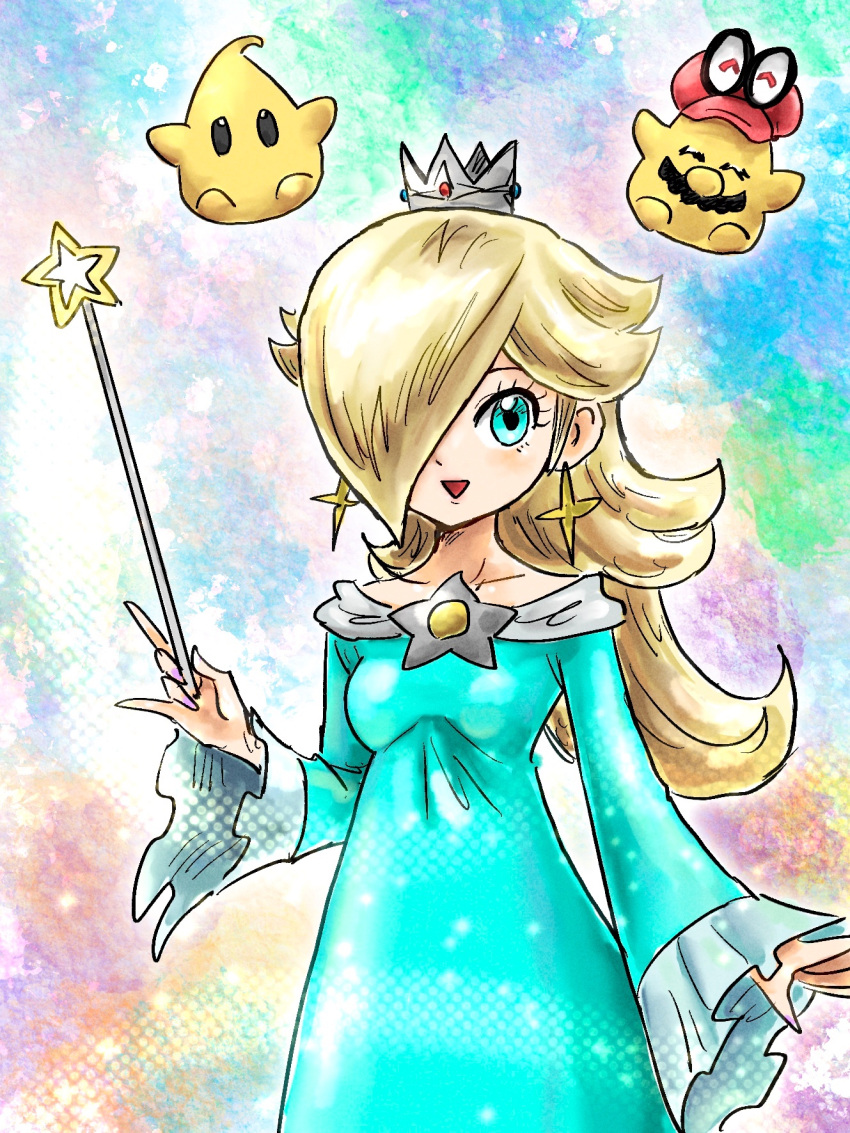 1boy 1girl :d blonde_hair blue_dress brooch cappy_(mario) crown dress earrings eyelashes facial_hair hair_over_one_eye highres holding holding_wand jewelry kicdon long_bangs long_hair long_sleeves looking_at_viewer luma_(mario) mario mustache open_mouth purple_nails red_hat rosalina smile star_(symbol) star_brooch star_earrings super_mario_bros. super_mario_galaxy super_mario_odyssey wand