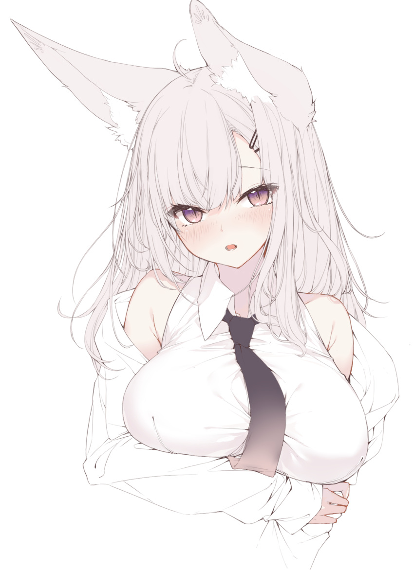 1girl ahoge animal_ear_fluff animal_ears arm_under_breasts black_bow black_bowtie blush bow bowtie breasts commentary cropped_arm cropped_torso gradient_eyes hair_ornament hairclip highres holding_own_arm large_breasts long_hair looking_at_viewer lower_teeth_only multicolored_eyes off_shoulder original parted_lips simple_background solo symbol-only_commentary teeth violet_eyes white_background white_hair yuui_hutabakirage