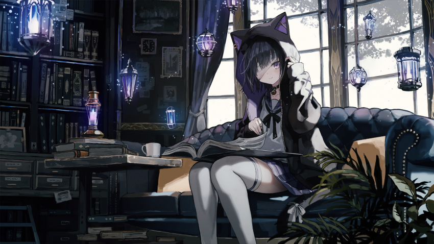 1girl animal_ears animal_hood bandage_over_one_eye bell black_hair black_hoodie book book_stack bookshelf cat_ears cat_girl cat_tail clock collar couch cup drawing_(object) floating floating_object highres hood hood_up hoodie indie_virtual_youtuber indoors kurose_kiri lantern long_sleeves magic miniskirt mug neck_bell open_book open_clothes open_hoodie picture_frame plaid plaid_skirt plant reading scyze short_hair sitting skirt smile solo table tail thigh-highs violet_eyes virtual_youtuber white_thighhighs window