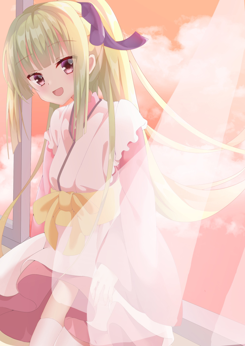 1girl :d absurdres arms_at_sides blunt_bangs blunt_ends blush commentary_request cowboy_shot curtains eyes_visible_through_hair floating_clothes floating_hair green_hair hair_ribbon happy highres hime_cut indoors japanese_clothes kimono long_hair long_sleeves looking_at_viewer murasame_(senren) official_alternate_costume official_alternate_hairstyle open_mouth pink_kimono ponytail purple_ribbon red_eyes ribbon sash senren_banka shikoziro sidelocks sitting smile solo straight_hair sunset thigh-highs tsurime very_long_hair white_thighhighs wide_sleeves wind yellow_sash