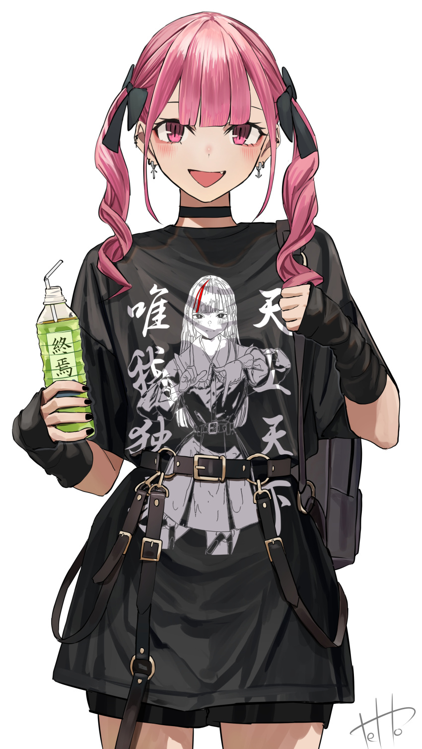 1girl absurdres bag belt black_arm_warmers black_bow black_choker black_nails black_shirt black_shorts bottle bow choker commentary_request cropped_legs curly_hair drinking_straw earrings fang hair_bow highres hinamizawa_hinami_(tetto) holding holding_bottle jewelry looking_at_viewer original pink_eyes pink_hair shirt shorts shoulder_bag signature slit_pupils standing tetto_(onnoveltet) twintails white_background