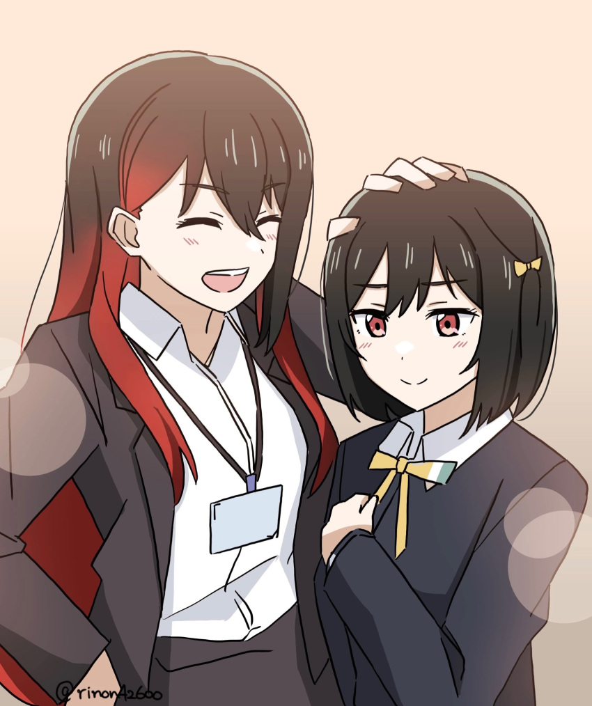 2girls black_hair black_jacket closed_eyes closed_mouth collared_shirt commentary_request facing_another grey_jacket grey_skirt hair_ribbon hand_on_another's_head hand_on_own_hip headpat highres jacket lanyard long_hair long_sleeves love_live! love_live!_nijigasaki_high_school_idol_club mifune_kaoruko mifune_shioriko multicolored_hair multiple_girls neck_ribbon nijigasaki_academy_school_uniform open_clothes open_jacket orange_background red_eyes redhead ribbon rinon42600 school_uniform shirt short_hair siblings sisters skirt smile standing streaked_hair teeth upper_body upper_teeth_only white_shirt winter_uniform yellow_ribbon