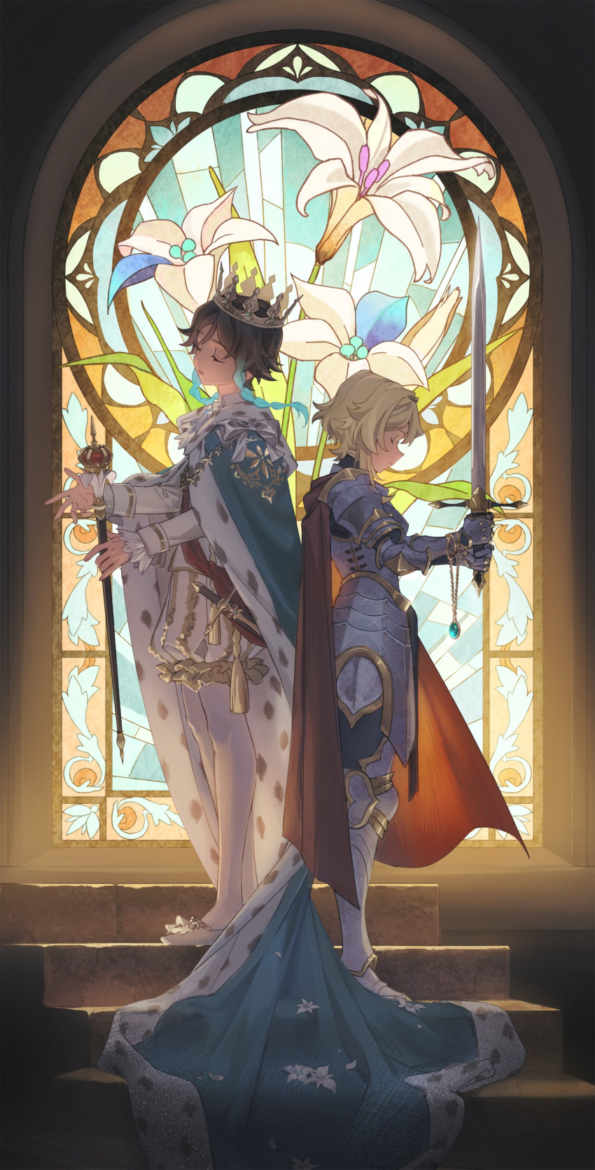 1boy 1girl absurdres alternate_costume armor black_hair blonde_hair braid cecilia_flower_(genshin_impact) closed_eyes couple crown fridaynightcat from_side full_body genshin_impact hetero highres lumine_(genshin_impact) open_mouth short_hair short_hair_with_long_locks stained_glass sword thigh-highs twin_braids venti_(genshin_impact) weapon white_thighhighs
