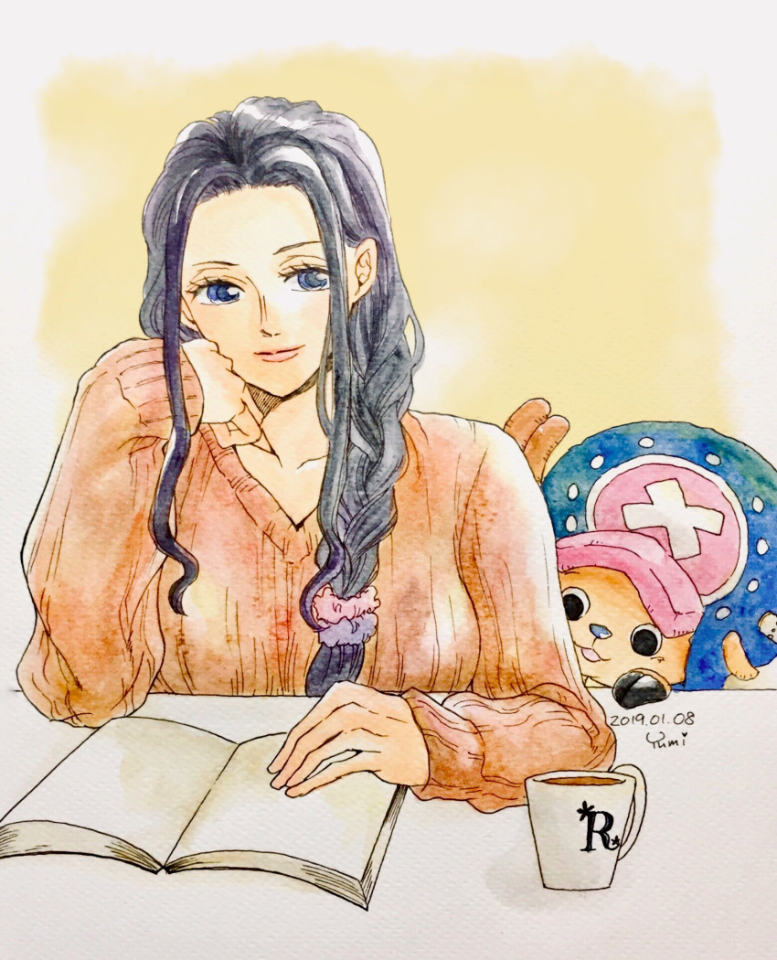 1boy 1girl 2019 antlers artist_name black_hair blue_eyes braid braided_ponytail brown_sweater commentary cross cup dated elbow_on_table hair_over_shoulder hanakotoba28 hand_on_book hat highres horns light_smile long_sleeves nico_robin one_piece reindeer_antlers side_ponytail sidelocks sweater tony_tony_chopper