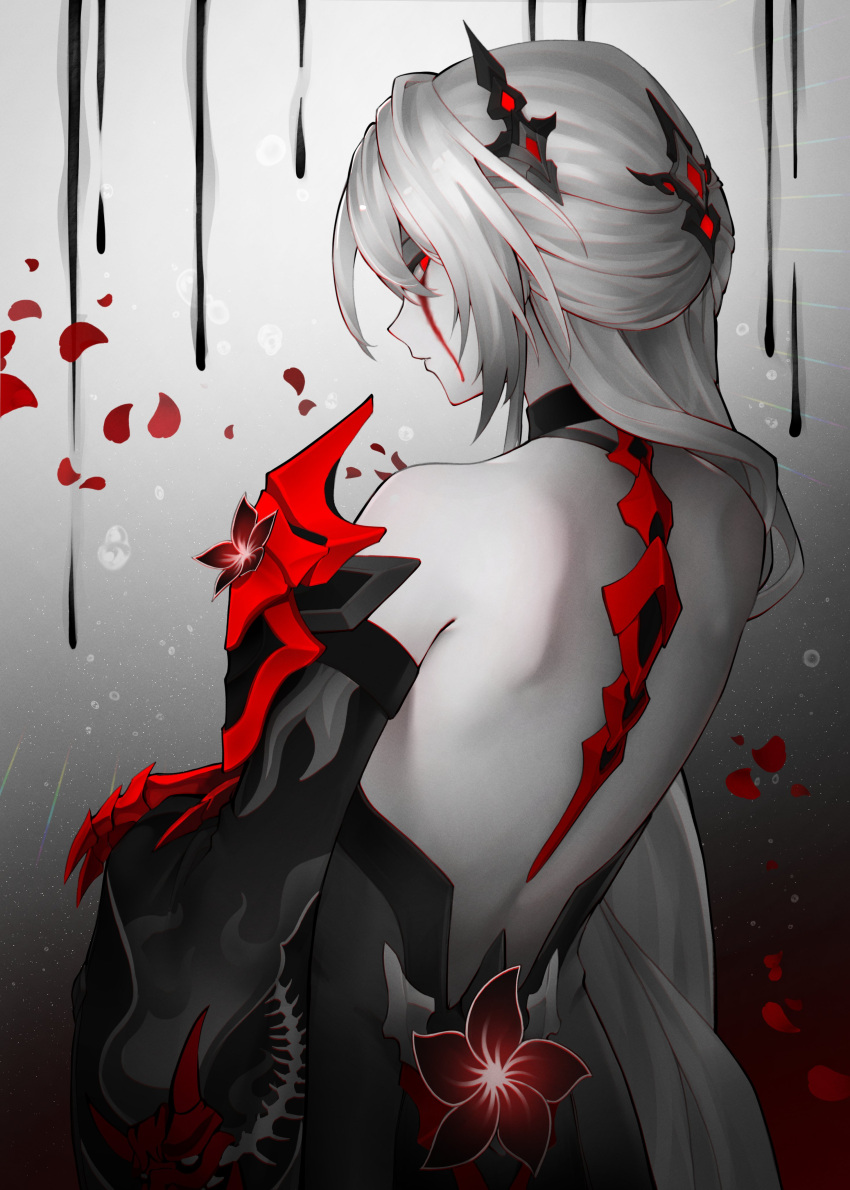 1girl absurdres acheron_(honkai:_star_rail) back back_focus backless_outfit blood blood_from_eyes blood_on_face falling_petals highres honkai:_star_rail honkai_(series) junker_art long_hair looking_at_viewer looking_back official_alternate_color official_alternate_eye_color official_alternate_hair_color petals rose_petals very_long_hair white_hair