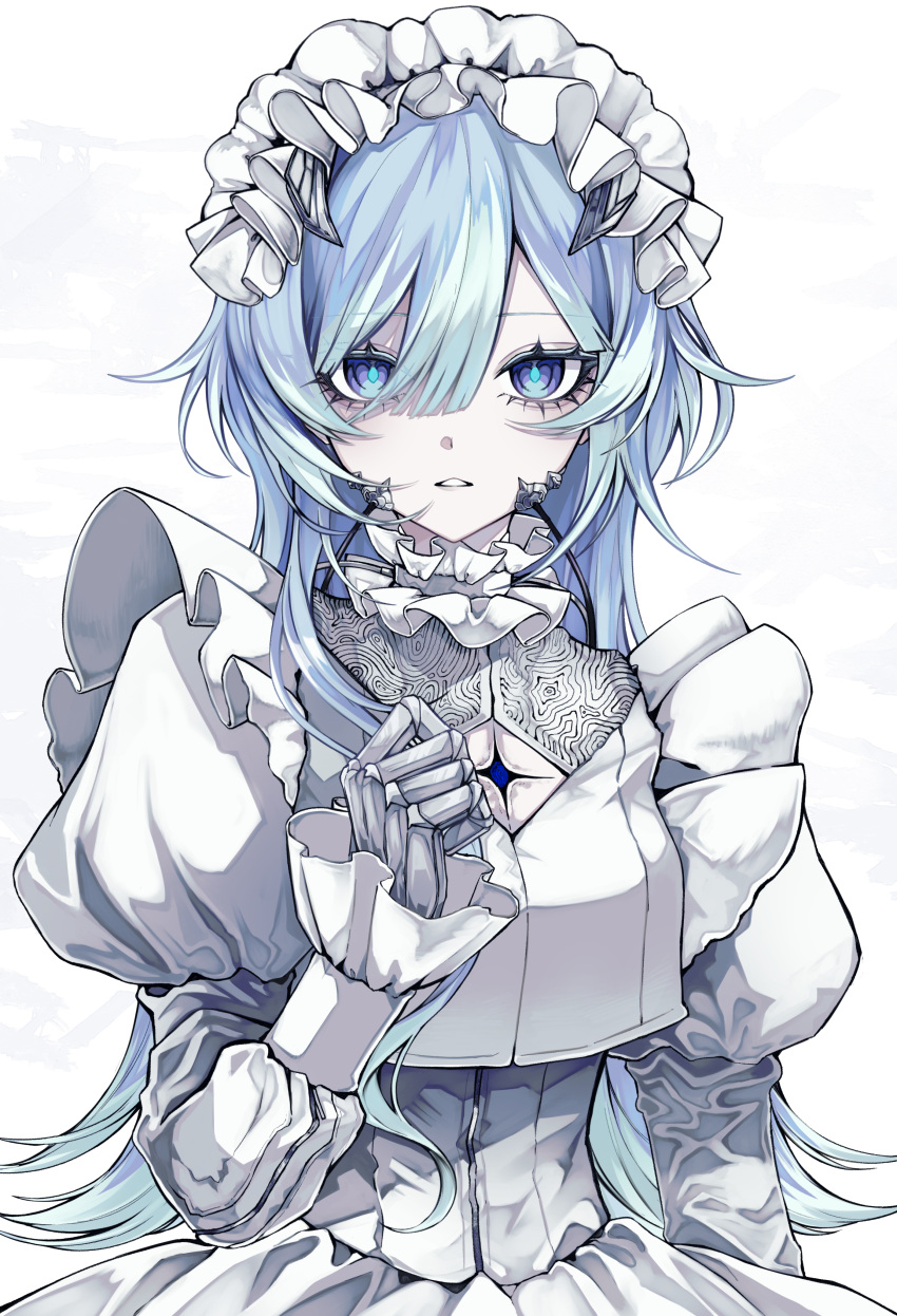 1girl 402_(o0_xxx) absurdres blue_eyes blue_hair breasts cleavage_cutout clothing_cutout commentary diamond-shaped_pupils diamond_(shape) dress frilled_hairband frills hair_between_eyes hairband hand_up highres horns juliet_sleeves long_hair long_sleeves looking_at_viewer maid_headdress mechanical_hands original pale_skin parted_lips puffy_sleeves scales simple_background single_mechanical_hand solo symbol-only_commentary symbol-shaped_pupils upper_body white_background white_dress white_theme