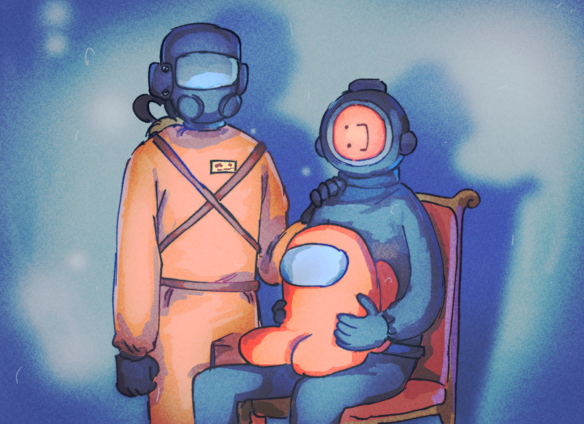 2others among_us black_gloves chair color_connection commentary content_warning creature crewmate_(among_us) crossover diving_helmet emoji english_commentary facing_viewer gloves hand_on_another's_shoulder hazmat_suit helmet highres jumpsuit kira_(marshukitty) lethal_company looking_at_viewer multiple_crossover multiple_others orange_(among_us) orange_jumpsuit oxygen_mask oxygen_tank sitting smile standing worker_(lethal_company)
