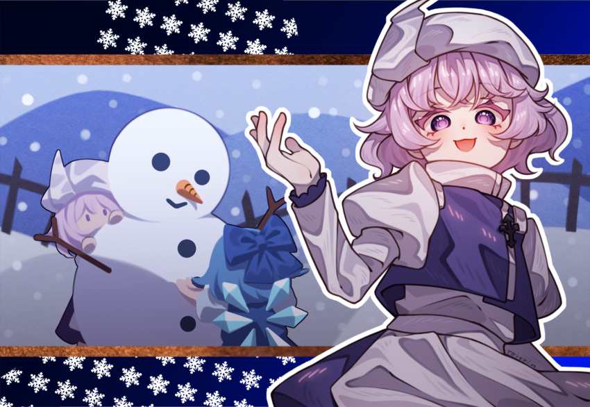 1girl 2girls :d apron blue_bow blue_dress blue_hair bow cirno dress hair_bow hat ice ice_wings juliet_sleeves lapel_pin letty_whiterock long_sleeves looking_at_viewer multiple_girls open_mouth puffy_sleeves short_hair smile snow snowflakes snowing snowman solo solo_focus tojorin touhou touhou_lost_branch_of_legend violet_eyes white_apron wings yuki_onna