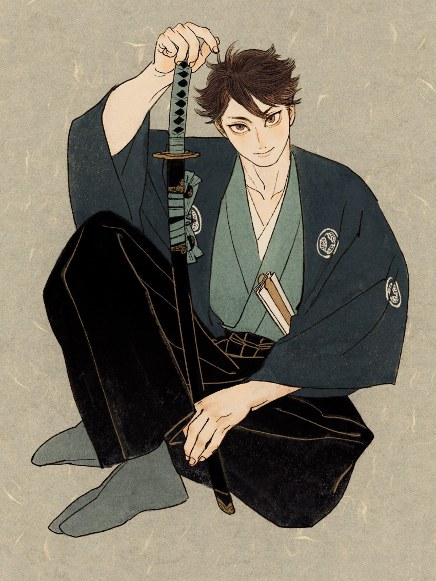 1boy black_pants brown_background brown_eyes brown_hair character_request check_character chengongzi123 closed_mouth folded_fan folding_fan full_body haikyuu!! hakama hakama_pants hand_fan highres holding holding_sword holding_weapon japanese_clothes katana long_sleeves looking_at_viewer male_focus oikawa_tooru_(haikyuu!!) pants paper_fan sheath sheathed short_hair simple_background sitting smile sword tabi very_short_hair weapon wide_sleeves