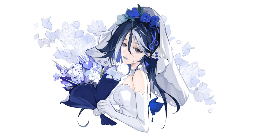 1girl absurdres adela_(path_to_nowhere) alternate_costume bare_shoulders blue_eyes blue_flower blue_hair blue_rose bouquet breasts bridal_veil cropped_torso curled_fingers detached_collar dress ds_(zhaoqi136) elbow_gloves flower from_side gloves grey_lips hair_between_eyes hair_flower hair_ornament highres holding holding_bouquet long_bangs long_hair looking_at_viewer looking_to_the_side medium_breasts multicolored_hair path_to_nowhere rose scissors_hair_ornament shoulder_blush sideways_glance simple_background solo strapless strapless_dress streaked_hair veil wedding_dress white_background white_dress white_flower white_veil