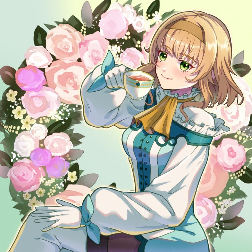 1girl ascot blonde_hair blue_bow blue_dress blunt_bangs blush boots bow breasts brown_hairband ch1emon_i closed_mouth collar commentary_request cup dress floral_background flower frilled_collar frills gloves green_eyes hairband highres holding holding_cup long_sleeves looking_at_viewer medium_breasts medium_hair natalia_luzu_kimlasca_lanvaldear pantyhose pink_flower smile solo tales_of_(series) tales_of_the_abyss teacup thigh_boots two-tone_dress white_dress white_footwear white_gloves wrist_bow yellow_ascot