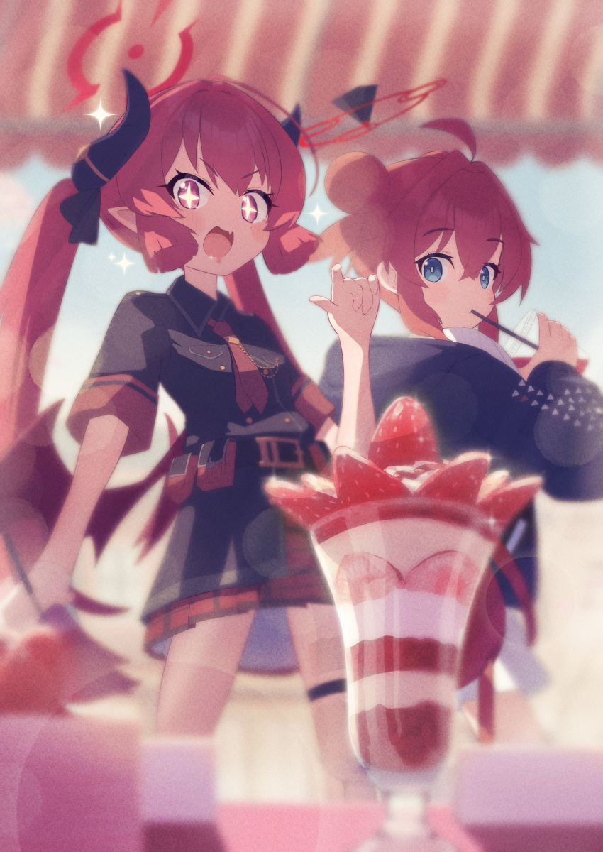 +_+ :d black_shirt blue_archive blue_eyes dessert food fruit highres junko_(blue_archive) long_hair looking_at_viewer maki_(blue_archive) makolas97 necktie open_mouth red_eyes red_necktie redhead shirt smile strawberry twintails