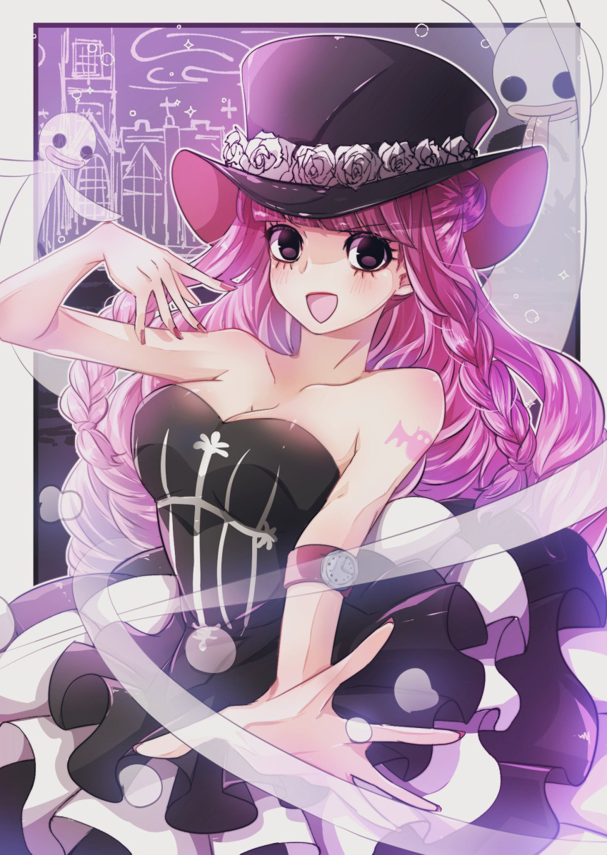 1girl arm_tattoo black_eyes blunt_bangs braided_sidelock commentary dress flower frilled_dress frills ghost half_updo hat highres long_hair nana22_mm one_piece perona pink_hair pink_nails rose smile solo strapless strapless_dress tattoo tongue tongue_out top_hat watch watch white_flower white_rose