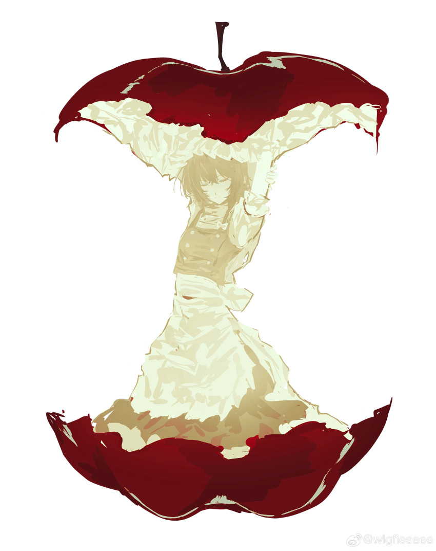 1girl absurdres apple apple_core apron arms_up closed_eyes commentary feet_out_of_frame food fruit highres in_food kirisame_marisa long_hair short_sleeves simple_background solo touhou waist_apron weibo_watermark white_background wigfire