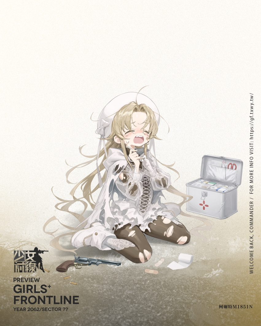 1girl bandages bandaid bandaid_on_cheek bandaid_on_face blonde_hair bow bullet cape character_name colt_m1851n_(girls'_frontline) crying dress first_aid_kit frilled_skirt frills full_body girls_frontline gun hat highres long_hair looking_at_viewer official_art open_mouth see-through see-through_sleeves sho_(sho_lwlw) sitting skin_tight skirt solo teardrop tears torn_clothes wariza weapon white_cape white_dress white_footwear white_hat