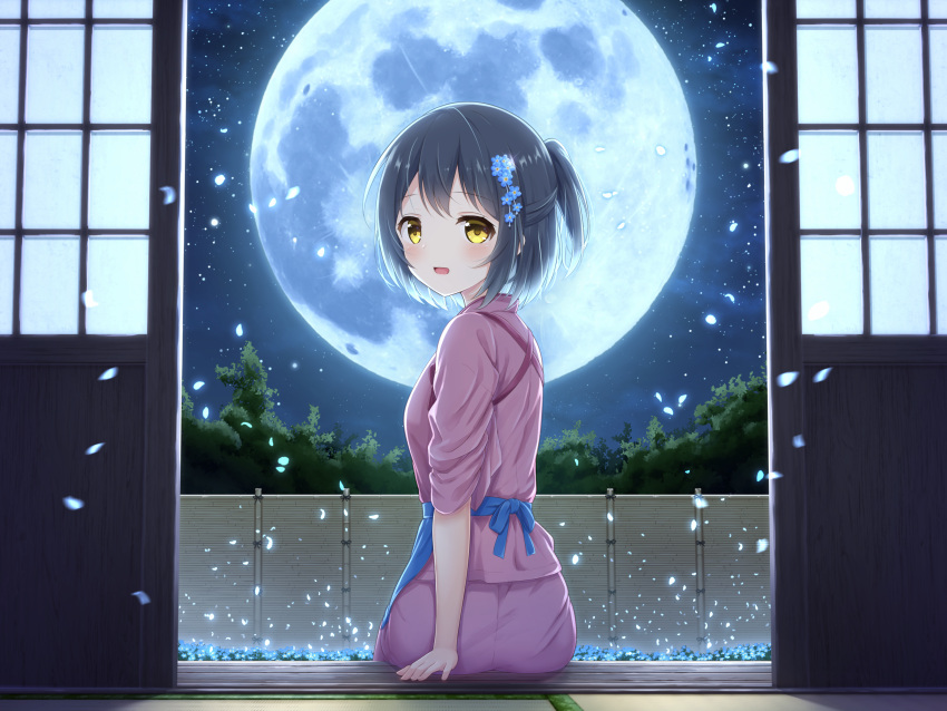 1girl :d absurdres apron bamboo_fence black_hair blue_apron blue_flower blue_petals commentary_request falling_petals fence flower full_moon hair_flower hair_ornament half_updo hand_rest highres looking_at_viewer looking_back moon night night_sky open_door open_mouth original pants petals pink_pants pink_shirt ponytail shirt short_hair shouji sidelocks sitting sky sliding_doors smile solo star_(sky) starry_sky waist_apron yellow_eyes yutuki_ame