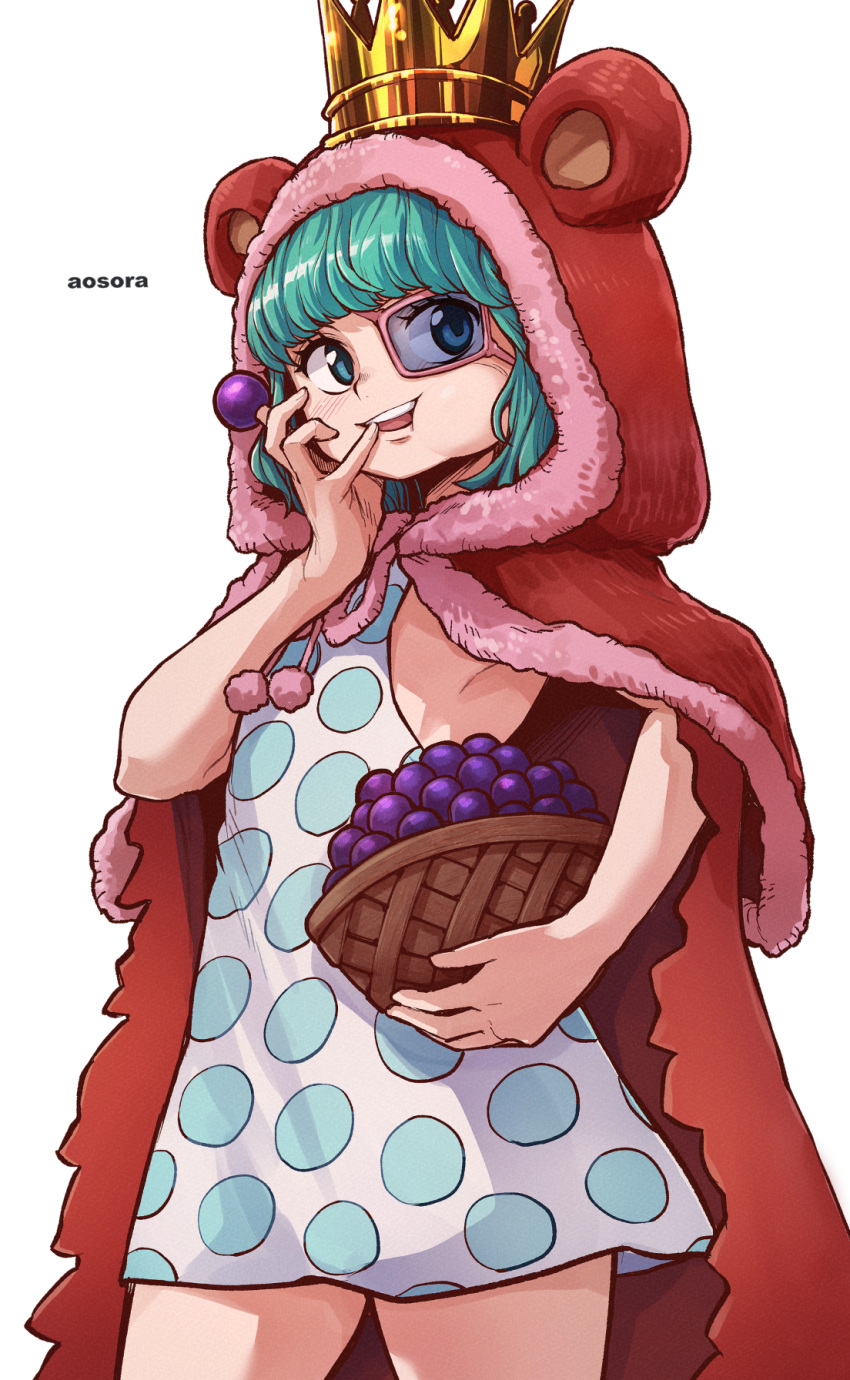 1girl animal_hood aosora2823 artist_name bear_hood bucket cape commentary crown dress food fruit grapes green_hair highres holding holding_bucket hood looking_at_viewer monocle one_piece pink-framed_eyewear polka_dot polka_dot_dress red_cape short_hair simple_background sleeveless sleeveless_dress solo standing sugar_(one_piece) white_background white_dress