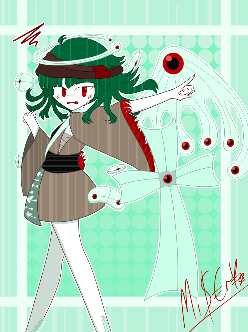 1other aleph_(rt_gyphon) androgynous annoyed apron bare_legs blunt_bangs brown_headband brown_kimono brown_sleeves clenched_hand commentary detached_sleeves english_commentary fangs feet_out_of_frame frilled_sleeves frills green_apron green_background green_hair headband highres japanese_clothes kimono len'en long_sleeves medium_hair open_mouth other_focus outline outstretched_arm para_(len'en) para_(len'en)_(oni) parted_bangs pointing red_eyes short_kimono signature simple_background single_wing sleeveless sleeveless_kimono solo squiggle waist_apron wavy_mouth white_outline wide_sleeves wings