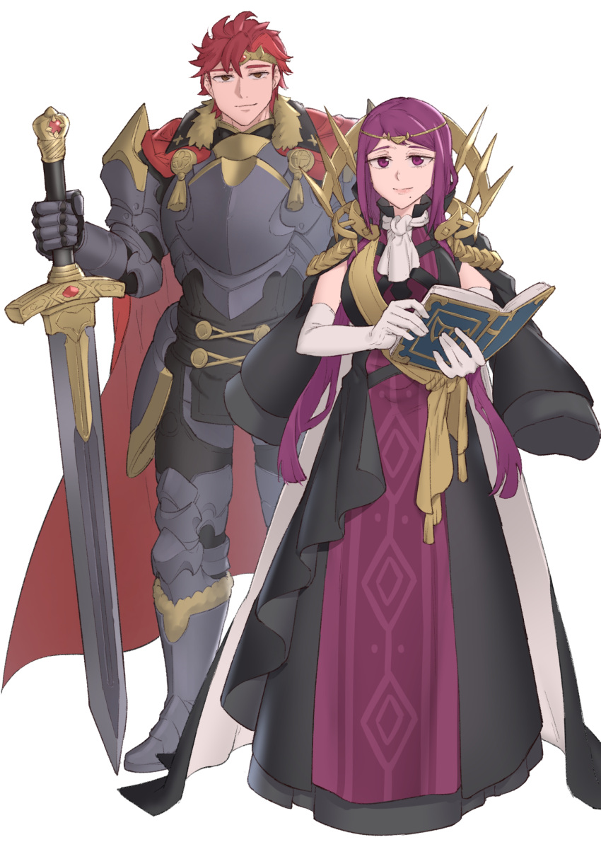 1boy 1girl amor armor armored_boots book boots breasts cape diamant_(fire_emblem) dress ebinku elbow_gloves fire_emblem fire_emblem_engage frilled_dress frills full_body fur_trim gloves highres holding holding_book holding_sword holding_weapon ivy_(fire_emblem) king long_dress long_hair looking_at_viewer male_focus open_book purple_hair red_eyes redhead short_hair shoulder_armor simple_background smile sword violet_eyes weapon white_background white_gloves