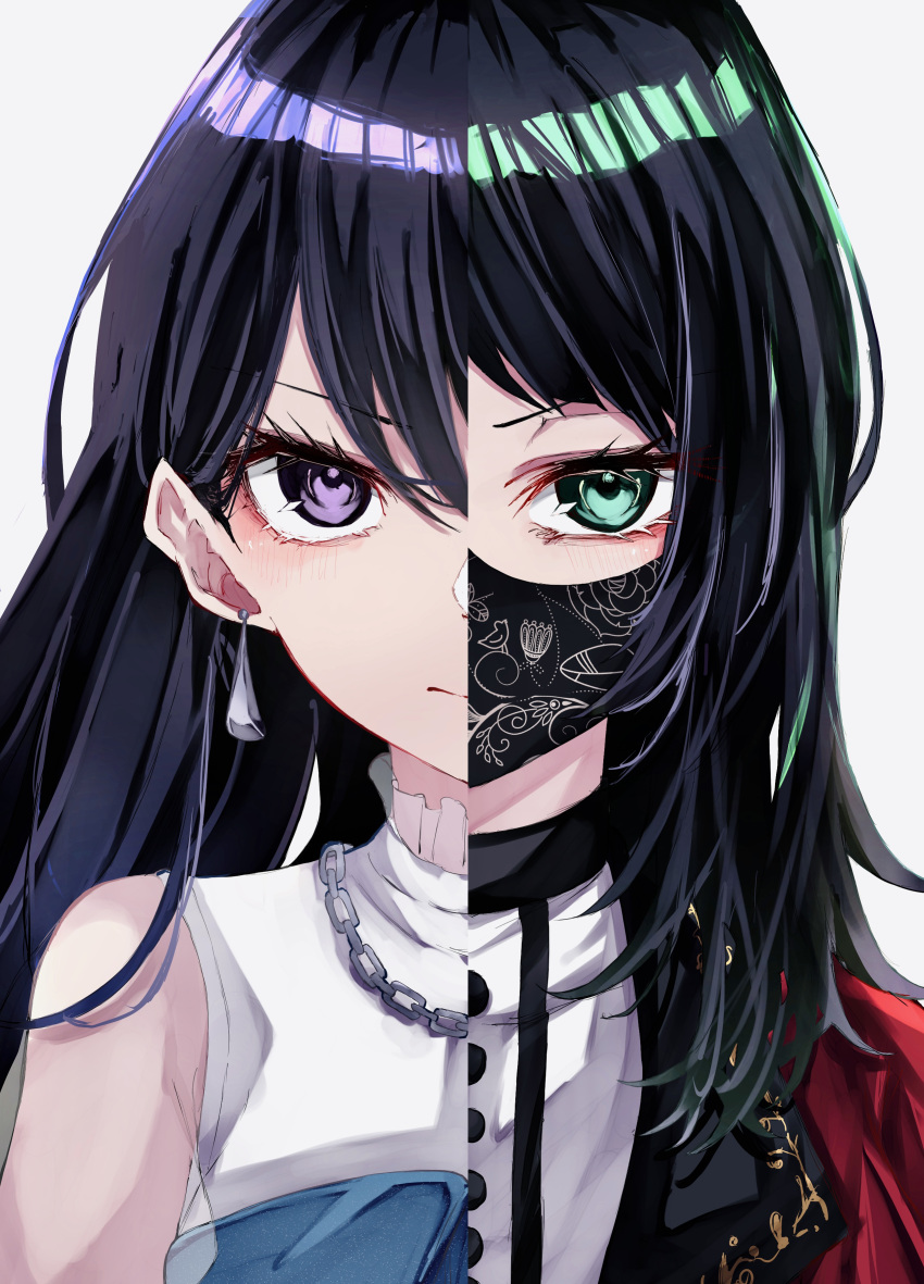 2girls absurdres aqua_eyes bang_dream! bang_dream!_it's_mygo!!!!! black_hair black_mask chain_necklace closed_mouth commentary_request earrings frown grey_background highres jewelry long_hair looking_at_viewer mask mouth_mask multiple_girls necklace nuruponnu red_shirt shiina_taki shirt simple_background sleeveless sleeveless_shirt split_theme upper_body violet_eyes white_shirt yahata_umiri