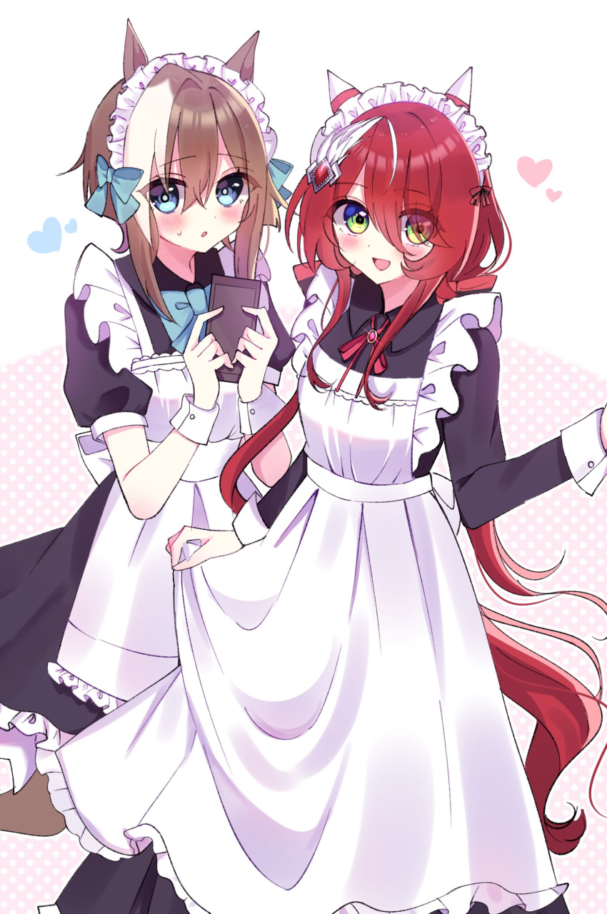 2girls absurdres alternate_costume animal_ears apron blush breasts brown_hair cheval_grand_(umamusume) commentary_request enmaided green_eyes hair_between_eyes hair_ornament heart highres horse_girl low_twintails maid maid_headdress medium_breasts multiple_girls nameko_(aa_04) notebook open_mouth redhead twintails umamusume white_background win_variation_(umamusume)
