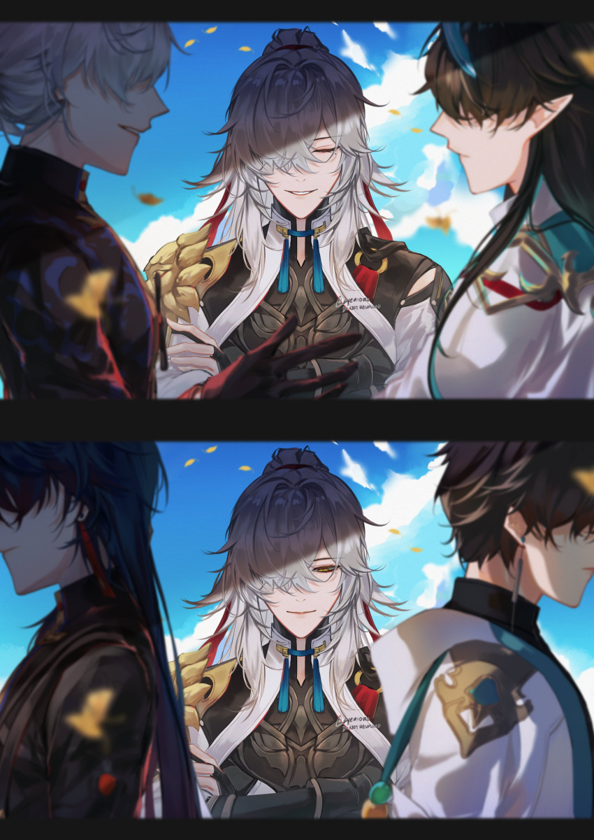 3boys absurdres armor artist_name black_gloves black_hair black_jacket blade_(honkai:_star_rail) blue_horns blue_sky blurry blurry_foreground bridal_gauntlets chinese_clothes closed_eyes closed_mouth clouds commentary crossed_arms crossed_bangs dan_heng_(honkai:_star_rail) dan_heng_(imbibitor_lunae)_(honkai:_star_rail) day dragon_horns earrings english_commentary eyelashes falling_leaves gloves hair_intakes hair_over_one_eye hair_ribbon hand_up high_ponytail highres honkai:_star_rail honkai_(series) horns jacket jewelry jing_yuan leaf long_hair long_sleeves looking_at_viewer male_focus mole mole_under_eye multiple_boys one_eye_covered outdoors parted_bangs parted_lips pauldrons pointy_ears ponytail profile red_ribbon ribbon short_hair shoulder_armor sidelocks single_pauldron sky smile syenions tassel twitter_username upper_body white_hair white_jacket yellow_eyes yingxing_(honkai:_star_rail)